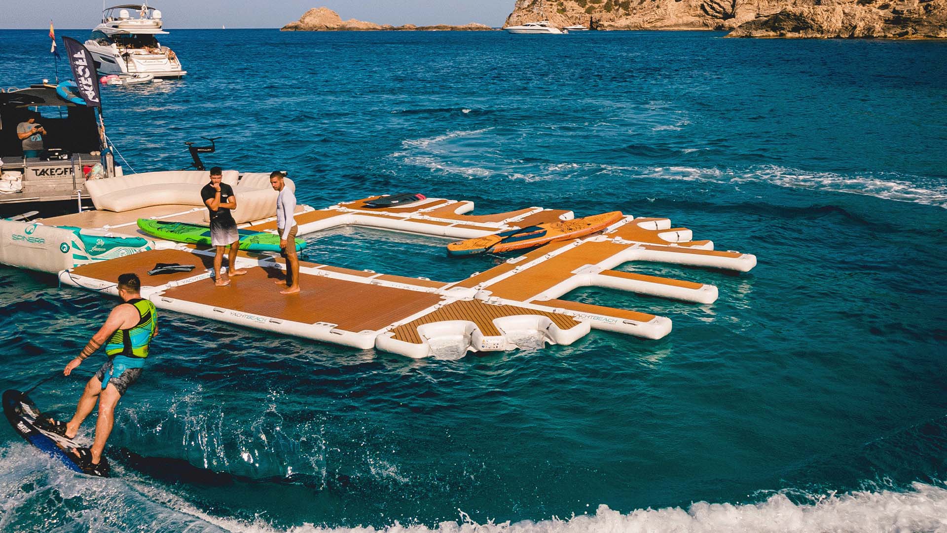 The picture shows how the jet ski dock can be connected to other Yacht Beach platforms on the water. 